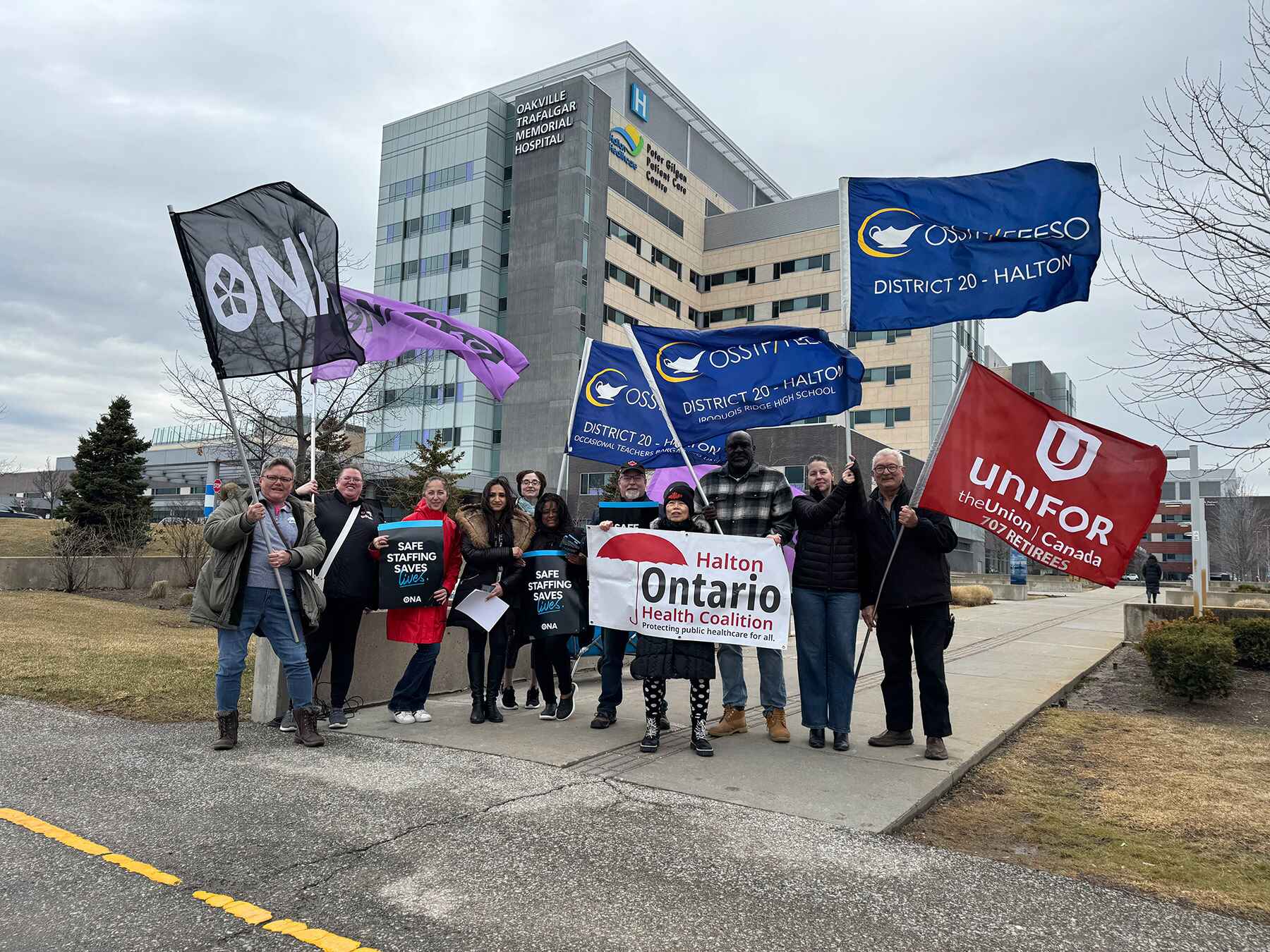 ONA members and staff stand alongside our union allies at a hospital rally.