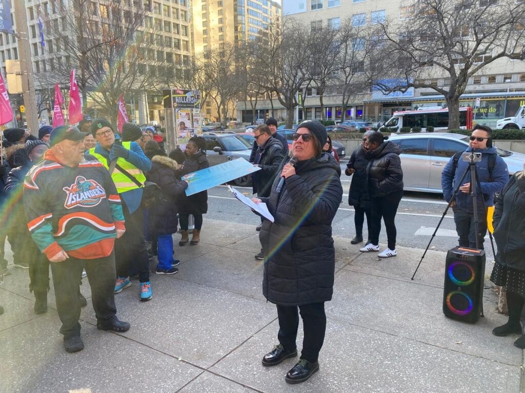 ONA Provincial President Erin Ariss addresses crowd at rally.