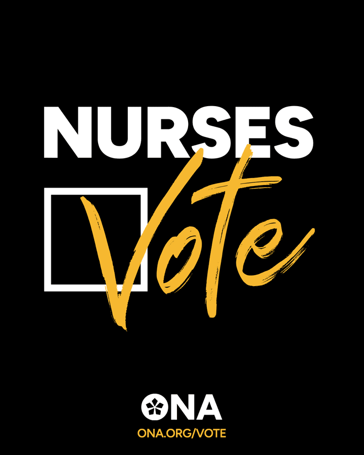 Graphic of words “Nurses Vote” with checkmark through box.