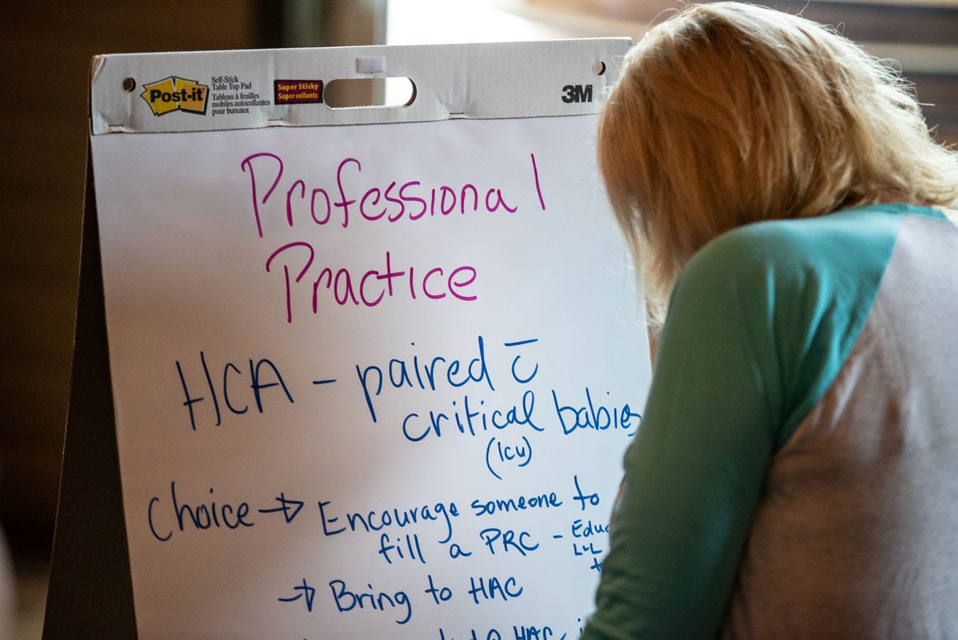 Woman writes on flipchart.