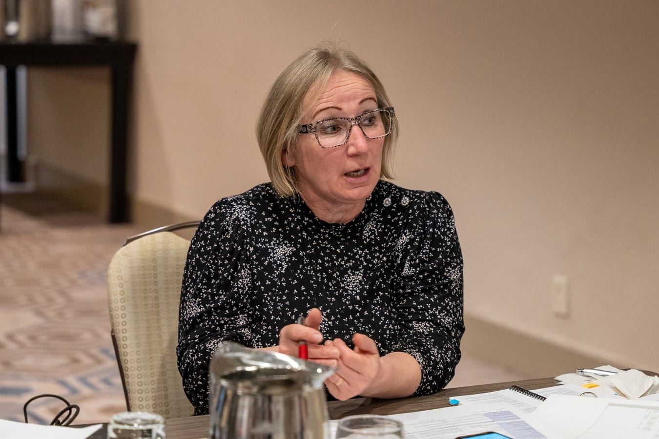 Lucja Masoom from our Victorian Order of Nurses Provincial Negotiating Team sits at large table and speaks.