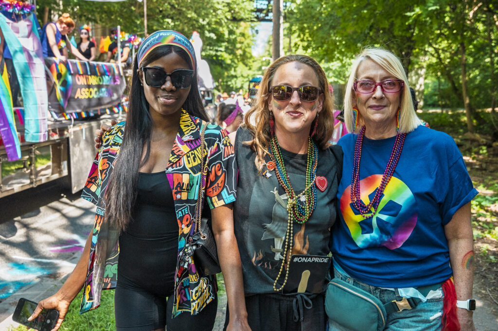 A member from another union poses for the camera with ONA board member Grace Pierias and staff member Leanne Cooke.
