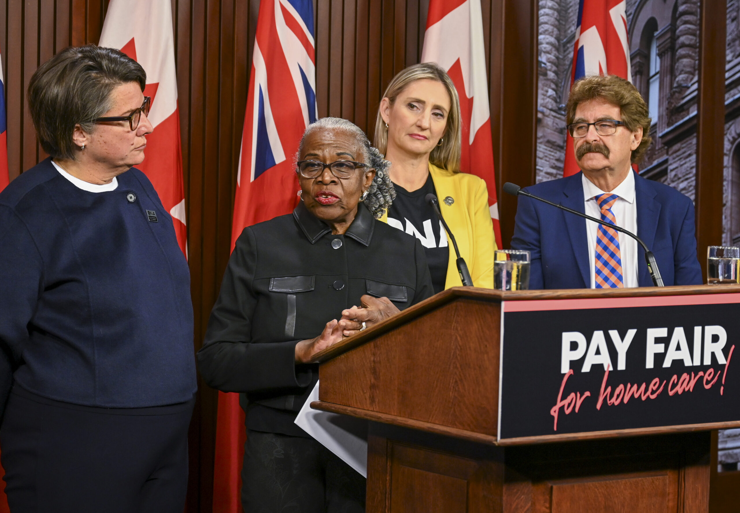 VON bargaining chair Lorna Thompson speaks to reporters.