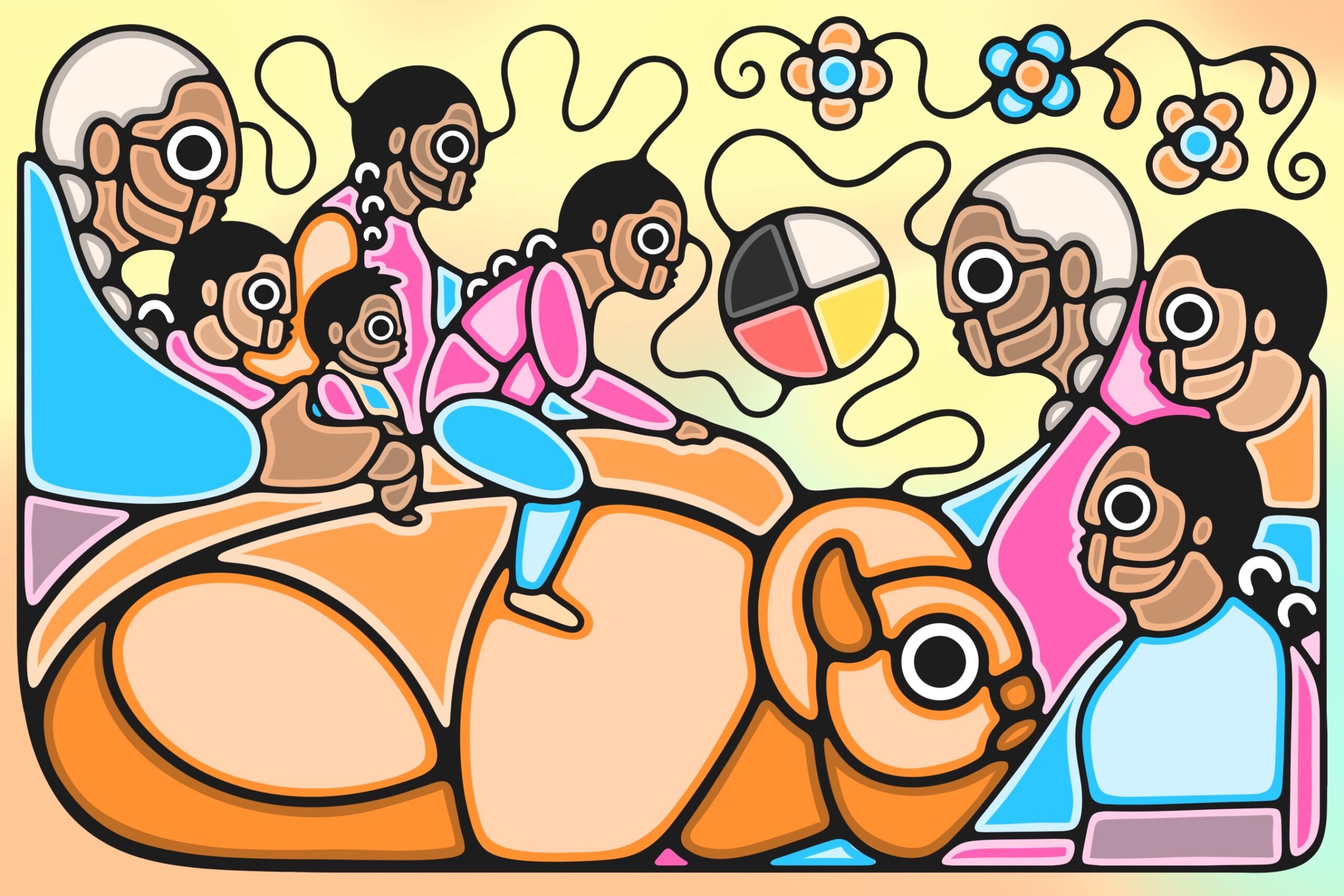 Indigenous artwork depicting a bison with children riding it and elders holding the children.