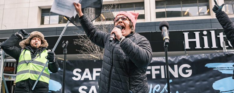 ONA President Erin Ariss speaking at a rally.