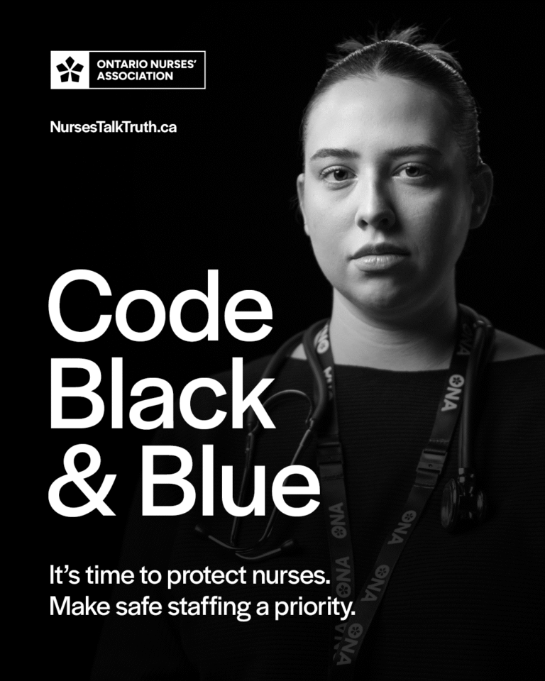 Black and white ad featuring a nurse stating it’s time to make staffing a priority.