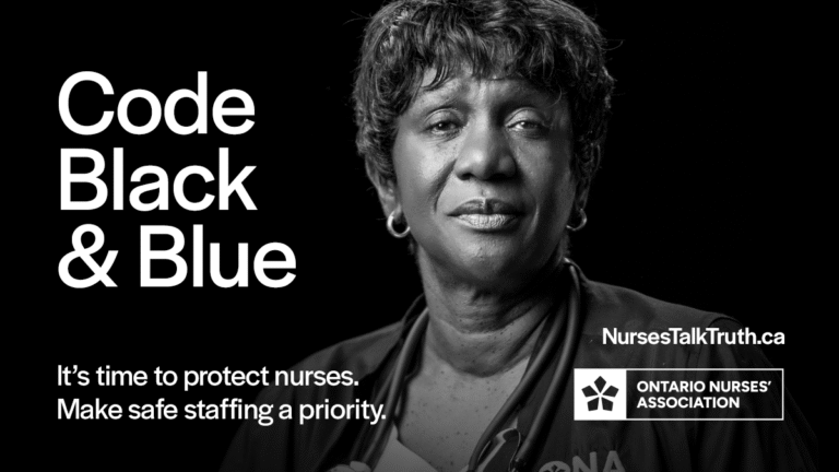 Black and white ad featuring a nurse stating it’s time to make staffing a priority.