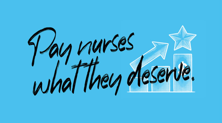 Card says, "Pay nurses what they deserve."
