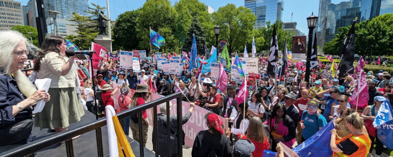 A large crowd gathered at Queen's Park for a rally.