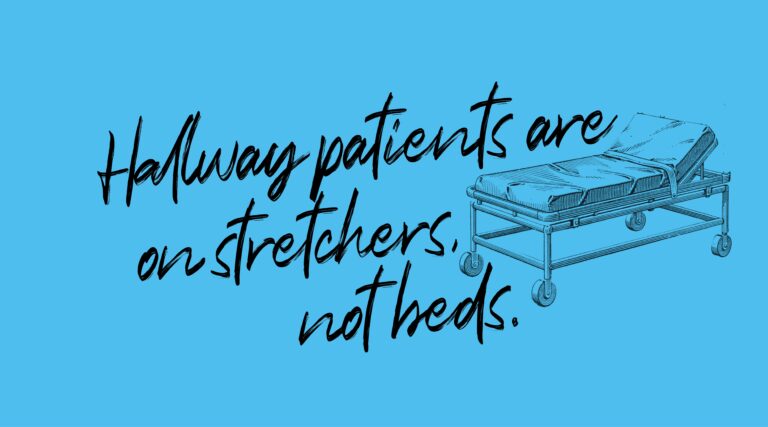Card reads, Hallway patients are on stretchers, not beds.