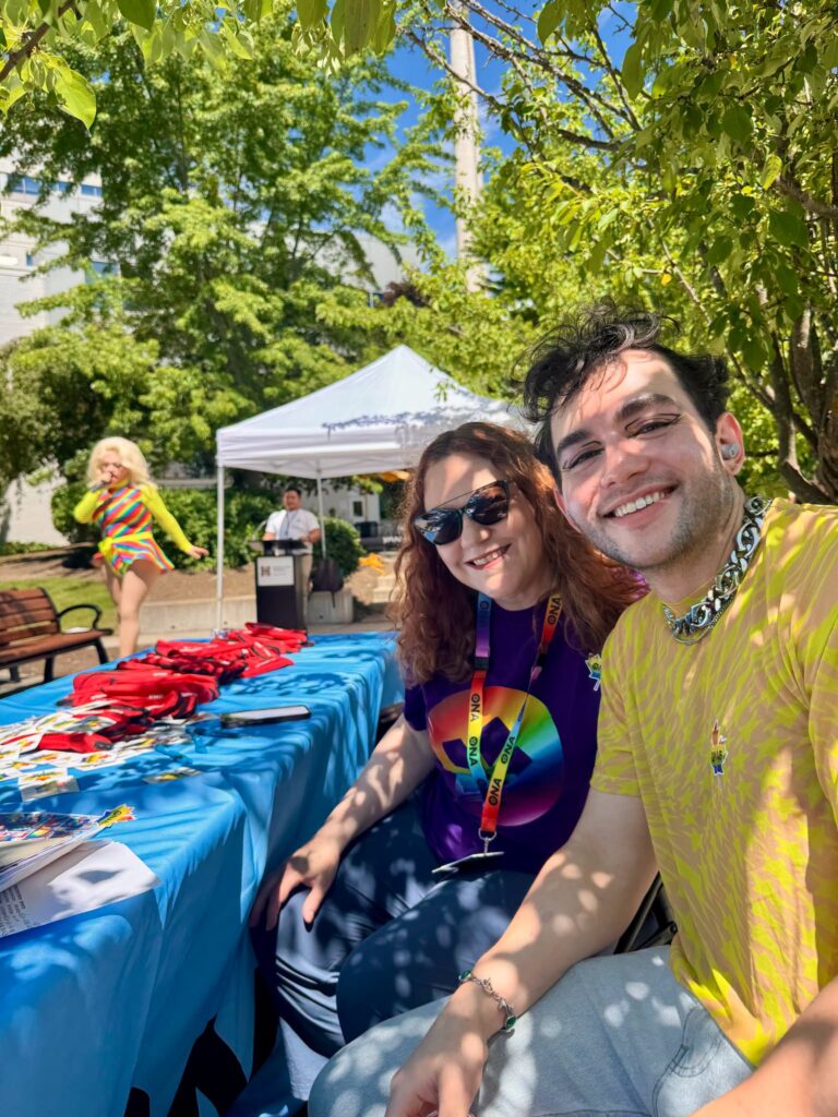ONA6 Coordinator Jane Penciner with queer performer Yan Simon.