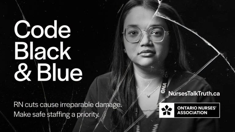 Image of an ONA social media shareable from our Code Black & Blue campaign, showing a serious looking woman.